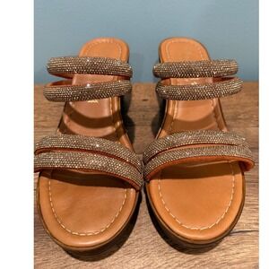 Mariella Made in Italy Gold Rhinestone Wedge Slip On Sandals Leather Glam Chic